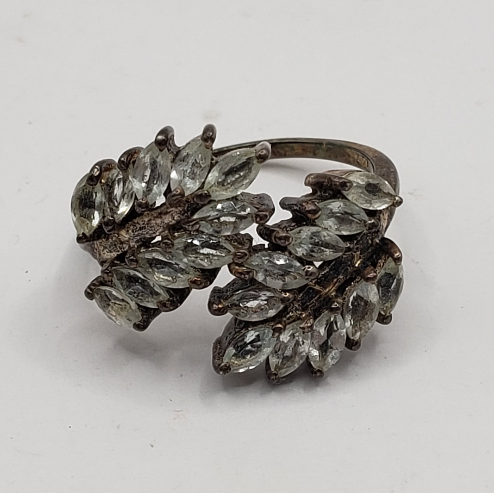 Elegant 925 Silver Leaf Ring Rhinestone Crystals Size 6 Boho Nature - Picture 4 of 10